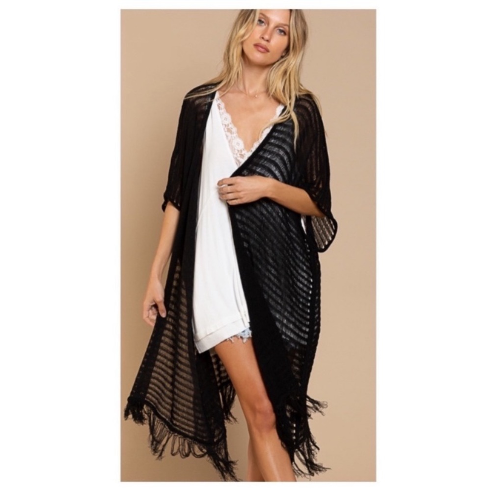 New POL Black Loose Rib Knit Cardigan/Kimono With Fringe Hem - Picture 1 of 11